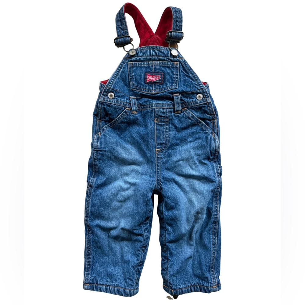 Vintage Old Navy Denim Red Flannel Lined Overalls Baby M 6-12M
